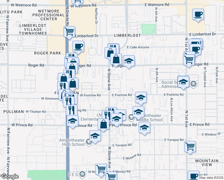 map of restaurants, bars, coffee shops, grocery stores, and more near 11 East Pastime Road in Tucson
