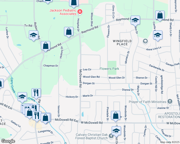 map of restaurants, bars, coffee shops, grocery stores, and more near 364 Lea Circle in Jackson