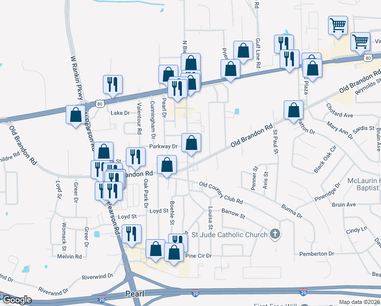 map of restaurants, bars, coffee shops, grocery stores, and more near 202 North Bierdeman Road in Pearl