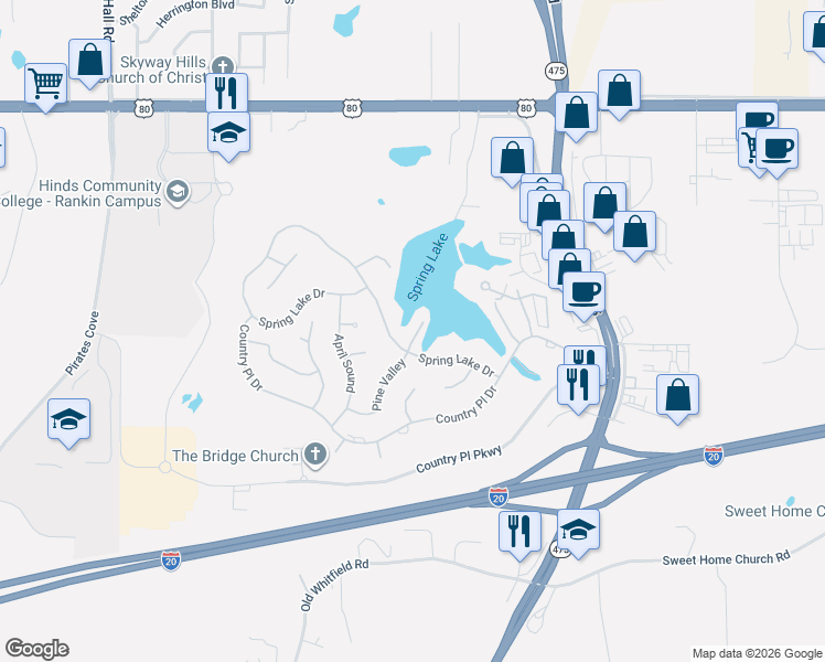 map of restaurants, bars, coffee shops, grocery stores, and more near 7 Spring Lake Point in Pearl