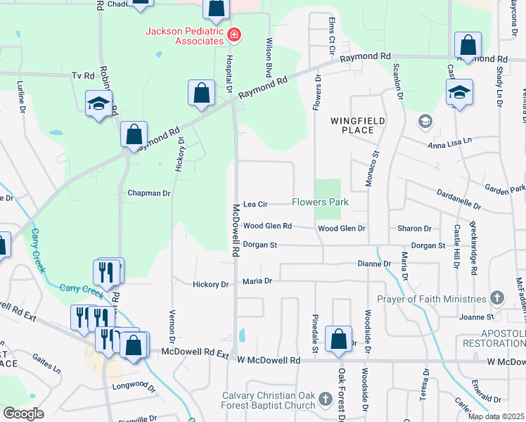 map of restaurants, bars, coffee shops, grocery stores, and more near 364 Lea Circle in Jackson