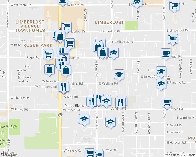 map of restaurants, bars, coffee shops, grocery stores, and more near 11 East Pastime Road in Tucson