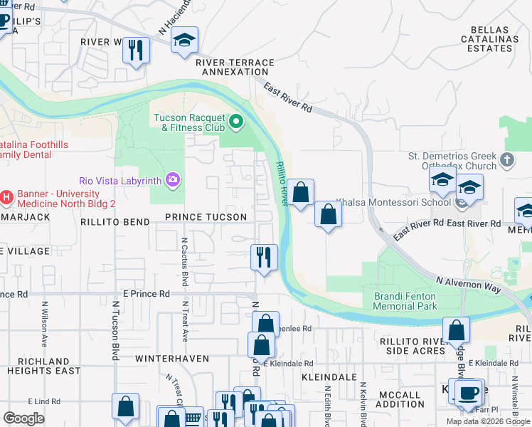 map of restaurants, bars, coffee shops, grocery stores, and more near 3136 East Macenroe Lane in Tucson