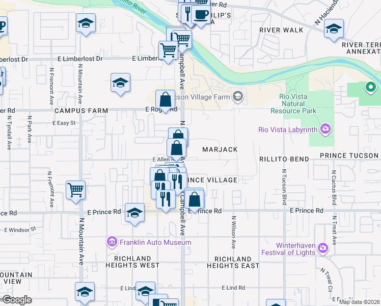 map of restaurants, bars, coffee shops, grocery stores, and more near 3838 North Campbell Avenue in Tucson