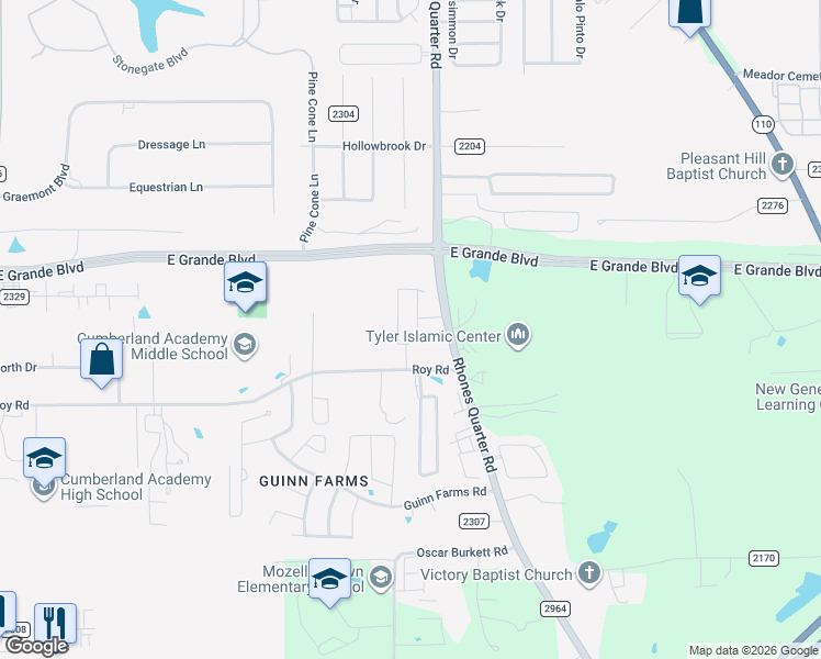 map of restaurants, bars, coffee shops, grocery stores, and more near 13838-14098 Rhones Quarter Road in Tyler