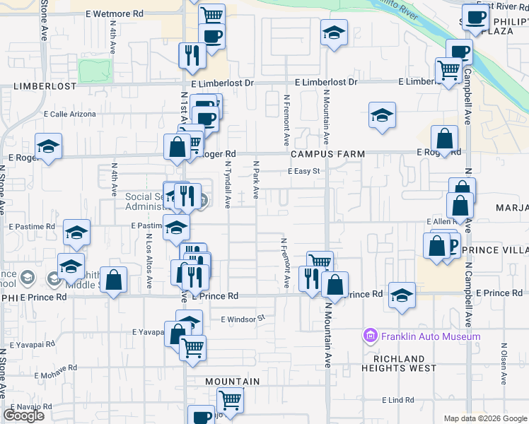 map of restaurants, bars, coffee shops, grocery stores, and more near 3860 North Park Avenue in Tucson