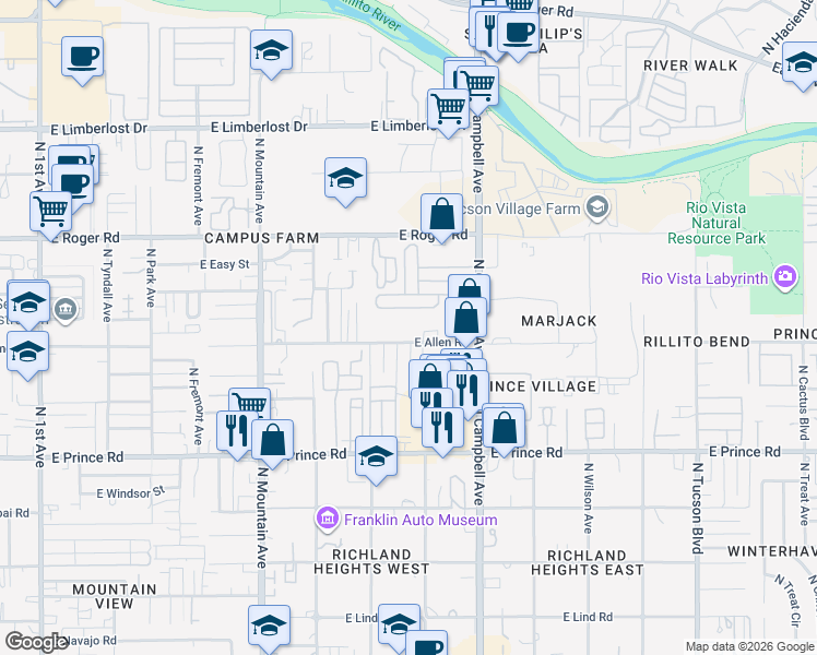 map of restaurants, bars, coffee shops, grocery stores, and more near 3915 North Campbell Avenue in Tucson