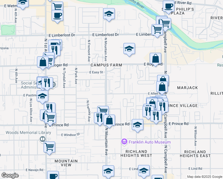 map of restaurants, bars, coffee shops, grocery stores, and more near 1341 East Allen Road in Tucson