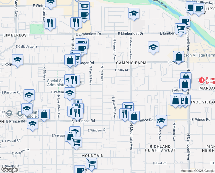 map of restaurants, bars, coffee shops, grocery stores, and more near 3860 North Park Avenue in Tucson