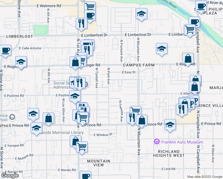 map of restaurants, bars, coffee shops, grocery stores, and more near 3860 North Park Avenue in Tucson