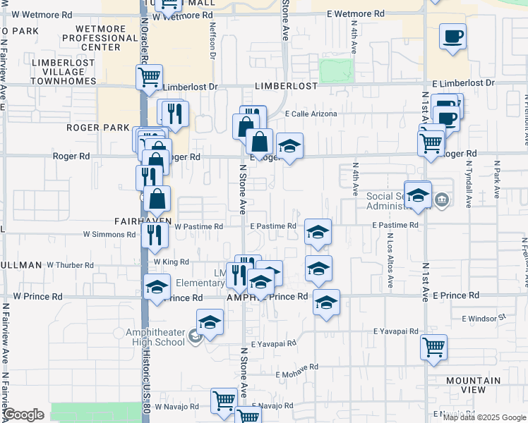 map of restaurants, bars, coffee shops, grocery stores, and more near 3844 North Stone Avenue in Tucson