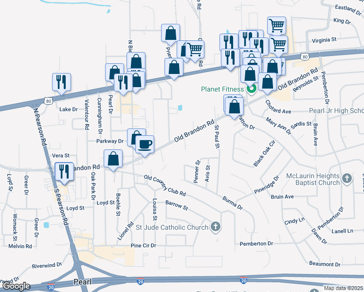 map of restaurants, bars, coffee shops, grocery stores, and more near 2608 Old Brandon Road in Pearl