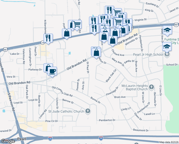 map of restaurants, bars, coffee shops, grocery stores, and more near 234 Saint Paul Street in Pearl