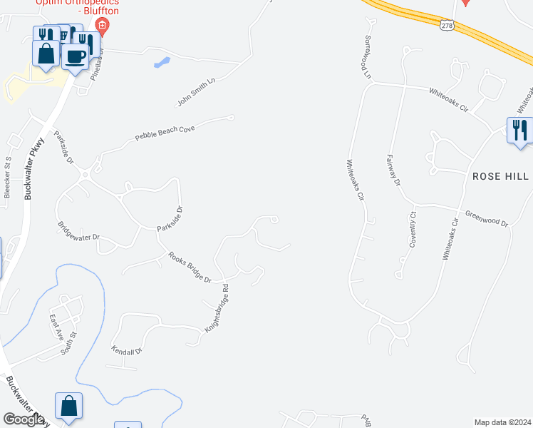 map of restaurants, bars, coffee shops, grocery stores, and more near 112 Knightsbridge Road in Bluffton