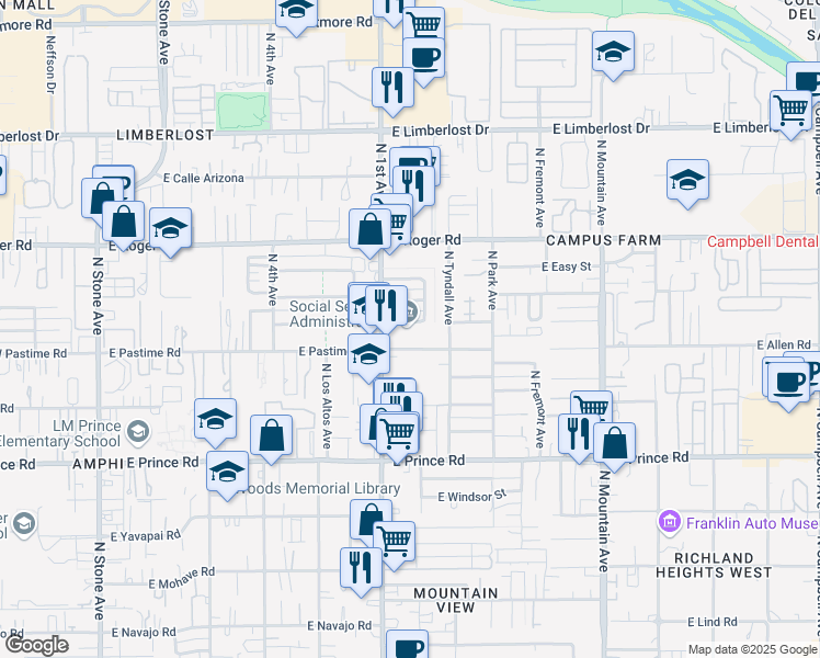 map of restaurants, bars, coffee shops, grocery stores, and more near 3808 North 1st Avenue in Tucson