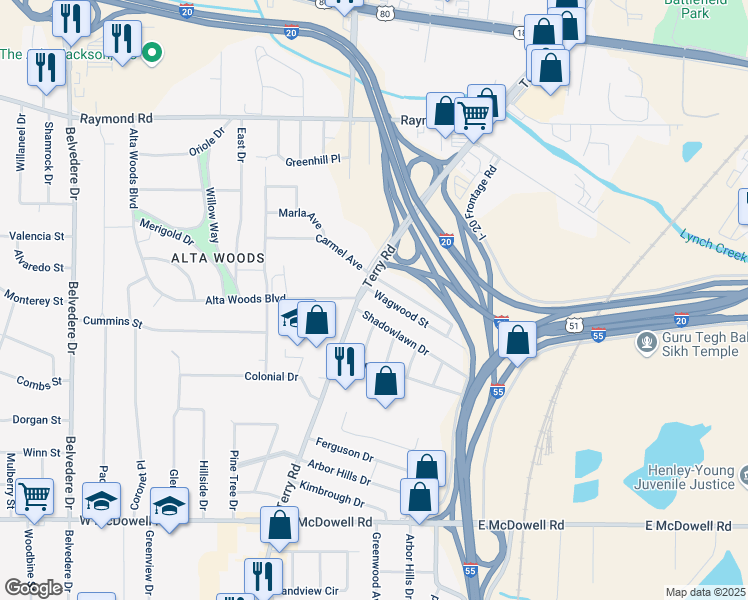 map of restaurants, bars, coffee shops, grocery stores, and more near 2210-2214 Terry Rd in Jackson