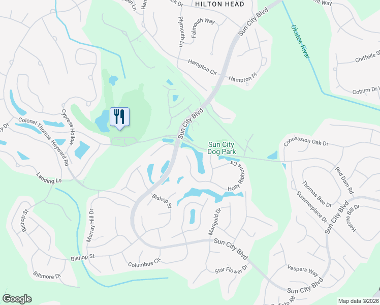 map of restaurants, bars, coffee shops, grocery stores, and more near 114 Holly Ribbons Circle in Bluffton