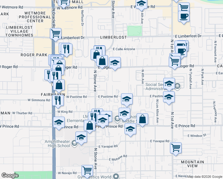 map of restaurants, bars, coffee shops, grocery stores, and more near 3825 North Estrella Lane in Tucson