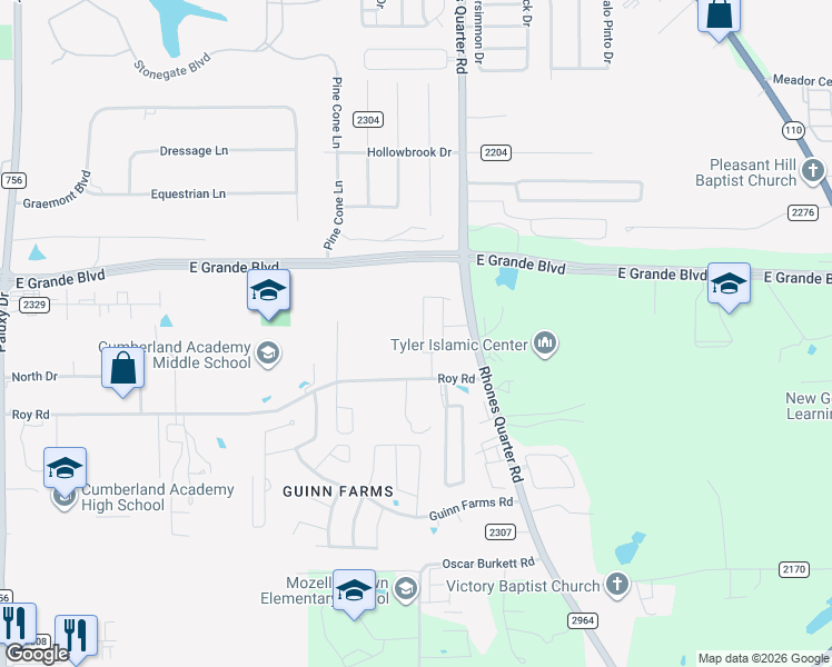 map of restaurants, bars, coffee shops, grocery stores, and more near 2836 Roy Road in Tyler