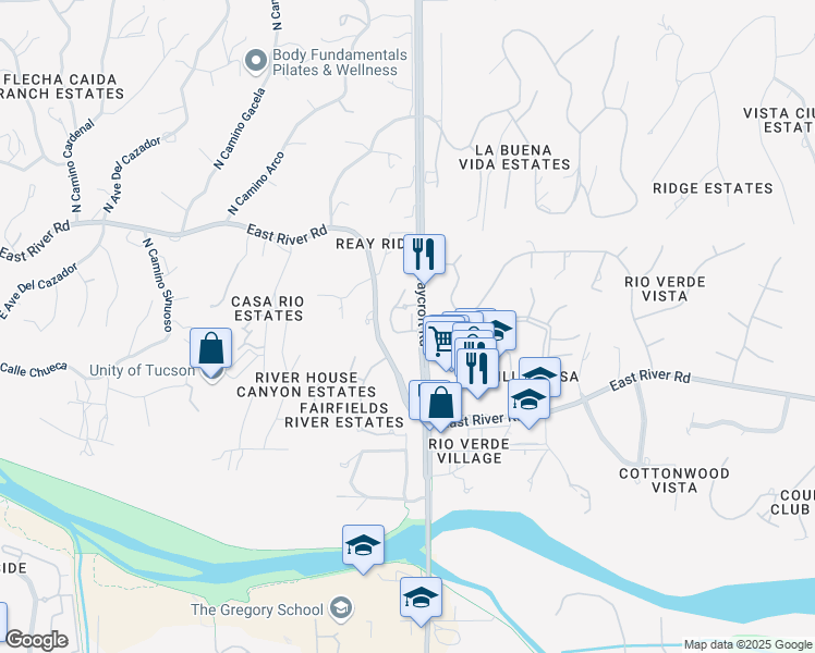 map of restaurants, bars, coffee shops, grocery stores, and more near 5475 East Forest Park Place in Tucson
