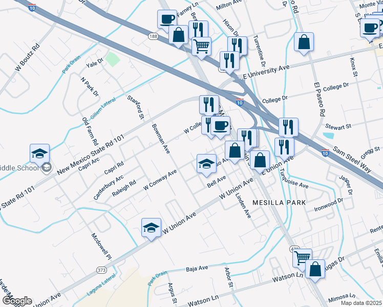 map of restaurants, bars, coffee shops, grocery stores, and more near 310 Sanchez Place in Las Cruces