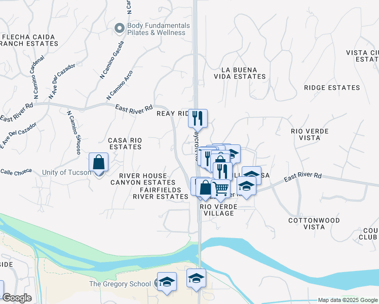 map of restaurants, bars, coffee shops, grocery stores, and more near 5475 East Forest Park Place in Tucson