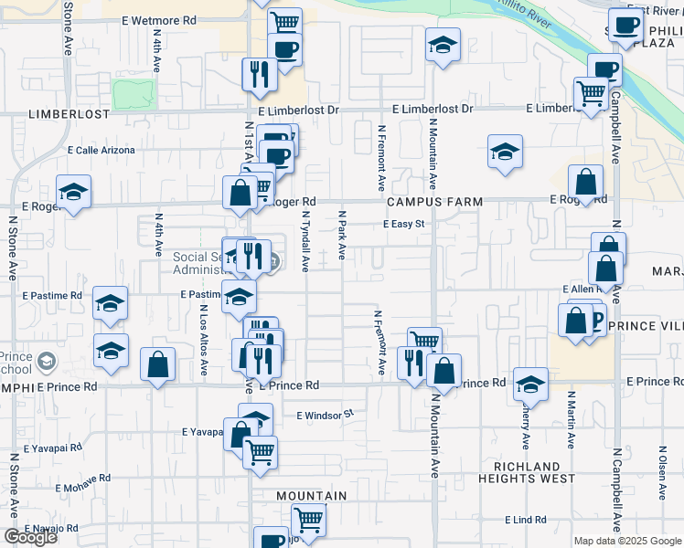 map of restaurants, bars, coffee shops, grocery stores, and more near 3860 North Park Avenue in Tucson