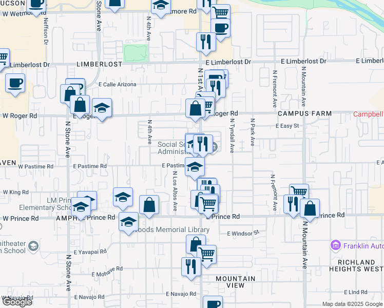 map of restaurants, bars, coffee shops, grocery stores, and more near 3843 North 2nd Avenue in Tucson