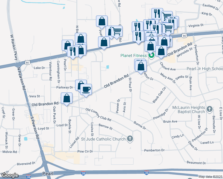 map of restaurants, bars, coffee shops, grocery stores, and more near 2627 Old Brandon Road in Pearl