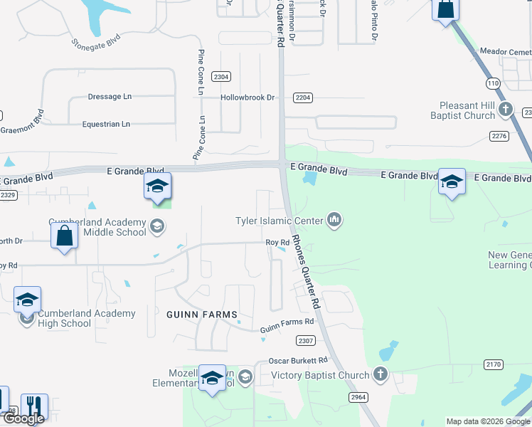 map of restaurants, bars, coffee shops, grocery stores, and more near 13838-14098 Rhones Quarter Road in Tyler