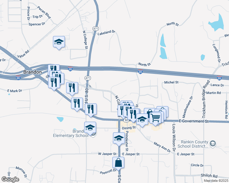 map of restaurants, bars, coffee shops, grocery stores, and more near 306 College Street in Brandon