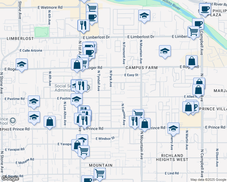 map of restaurants, bars, coffee shops, grocery stores, and more near 3836 North Park Avenue in Tucson