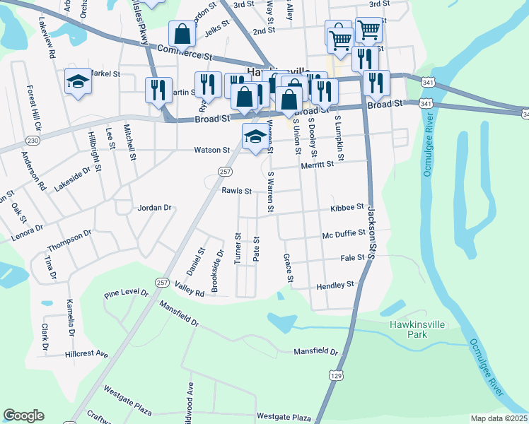 map of restaurants, bars, coffee shops, grocery stores, and more near 12 Pate Street in Hawkinsville