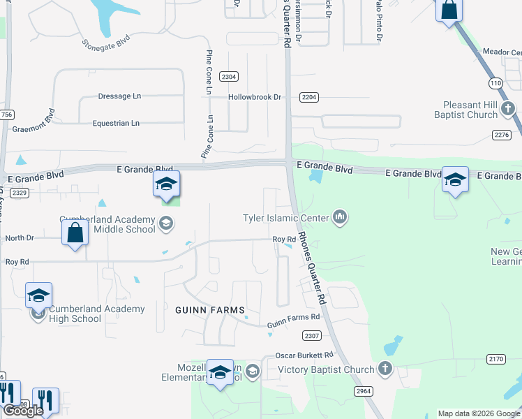 map of restaurants, bars, coffee shops, grocery stores, and more near 2836 Roy Road in Tyler