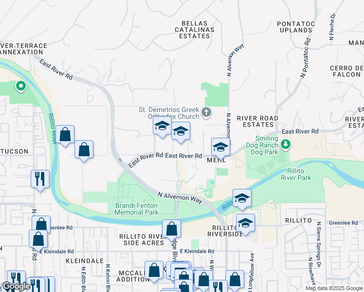 map of restaurants, bars, coffee shops, grocery stores, and more near 3701 East River Road in Tucson