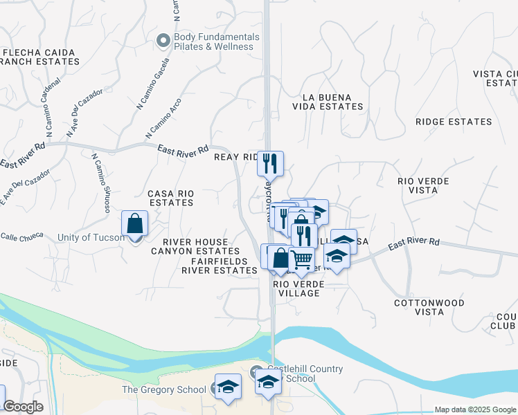 map of restaurants, bars, coffee shops, grocery stores, and more near 5475 East Forest Park Place in Tucson