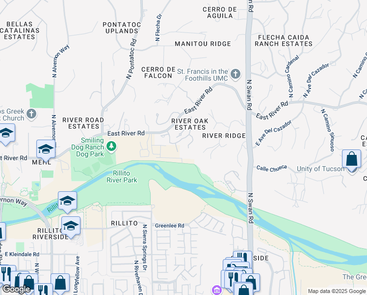 map of restaurants, bars, coffee shops, grocery stores, and more near 3849 North River Oak Lane in Tucson
