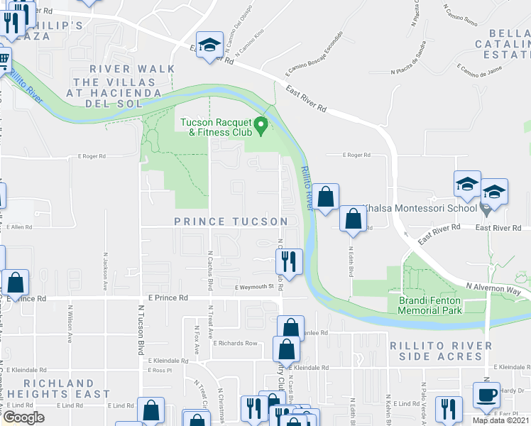 map of restaurants, bars, coffee shops, grocery stores, and more near 3875 North Country Club Road in Tucson
