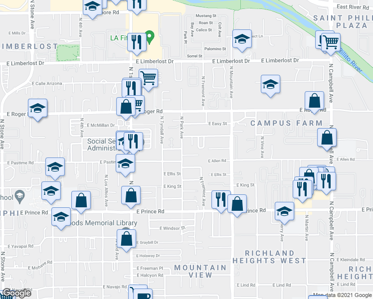 map of restaurants, bars, coffee shops, grocery stores, and more near 3860 North Park Avenue in Tucson