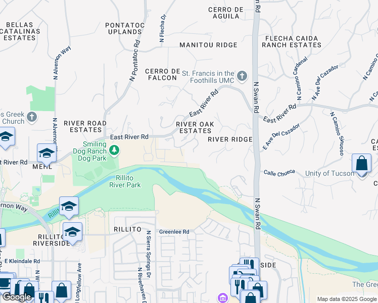 map of restaurants, bars, coffee shops, grocery stores, and more near 3849 North River Oak Lane in Tucson