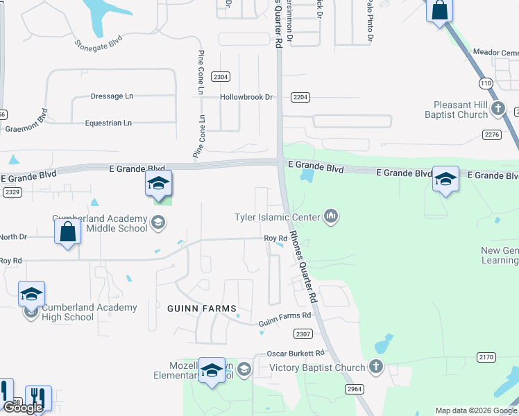 map of restaurants, bars, coffee shops, grocery stores, and more near 2836 Roy Road in Tyler