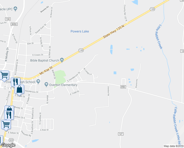 map of restaurants, bars, coffee shops, grocery stores, and more near 101 North Linda Lane in Overton