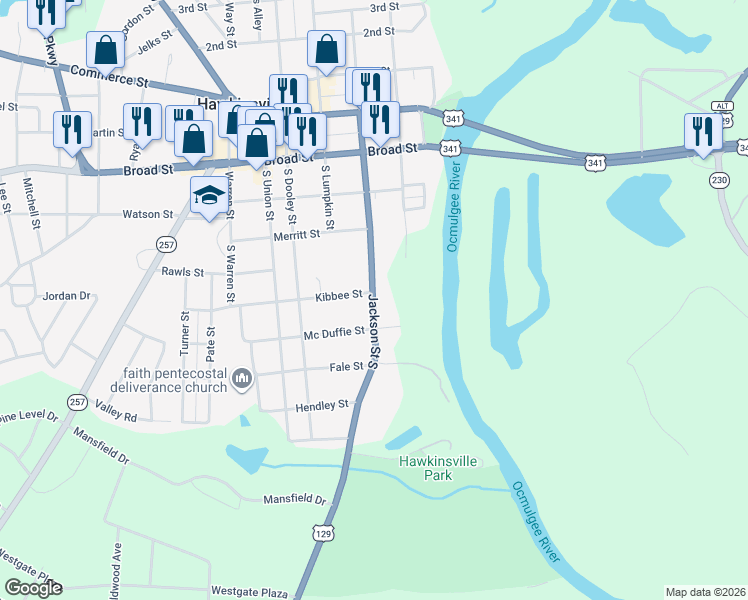 map of restaurants, bars, coffee shops, grocery stores, and more near 97 Jackson Street South in Hawkinsville