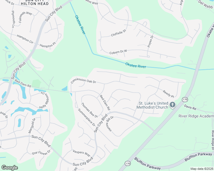 map of restaurants, bars, coffee shops, grocery stores, and more near 64 Concession Oak Drive in Bluffton