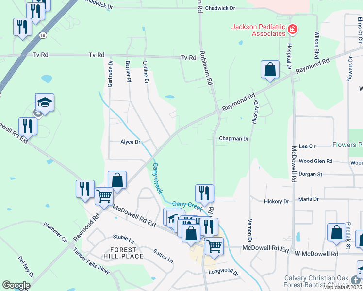 map of restaurants, bars, coffee shops, grocery stores, and more near 1825-1835 Raymond Road in Jackson