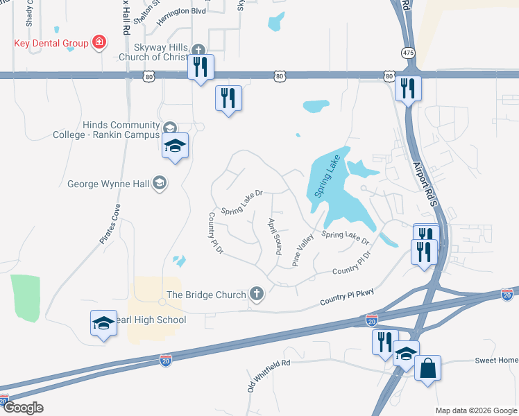 map of restaurants, bars, coffee shops, grocery stores, and more near 443 Apple Valley in Pearl