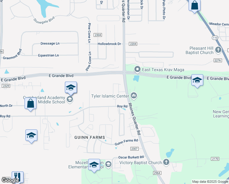map of restaurants, bars, coffee shops, grocery stores, and more near 2836 Roy Road in Tyler