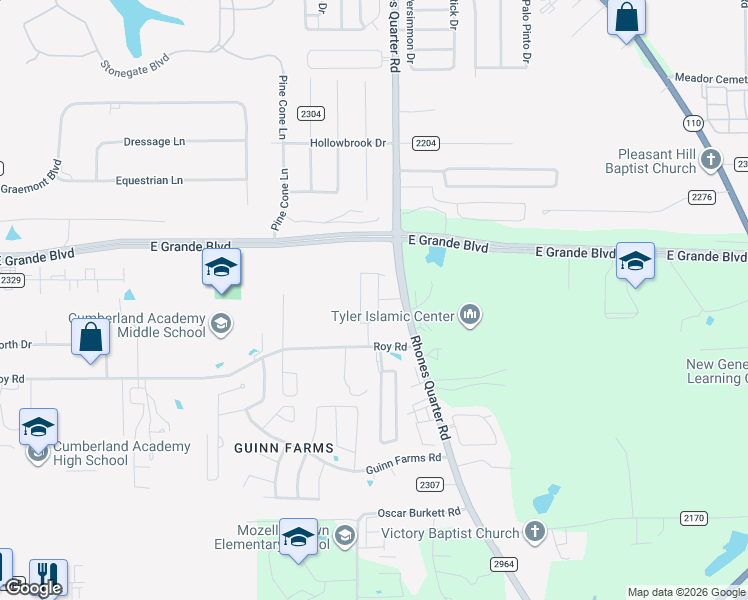 map of restaurants, bars, coffee shops, grocery stores, and more near 13838-14098 Rhones Quarter Road in Tyler