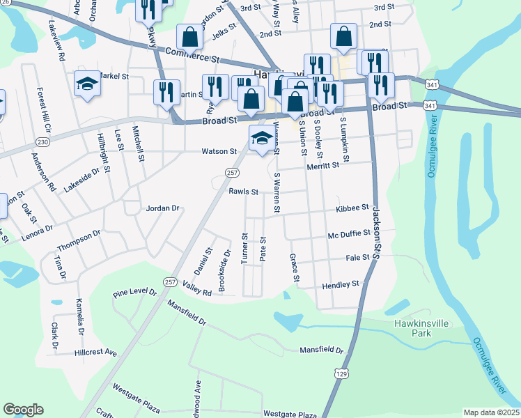 map of restaurants, bars, coffee shops, grocery stores, and more near 12 Pate Street in Hawkinsville