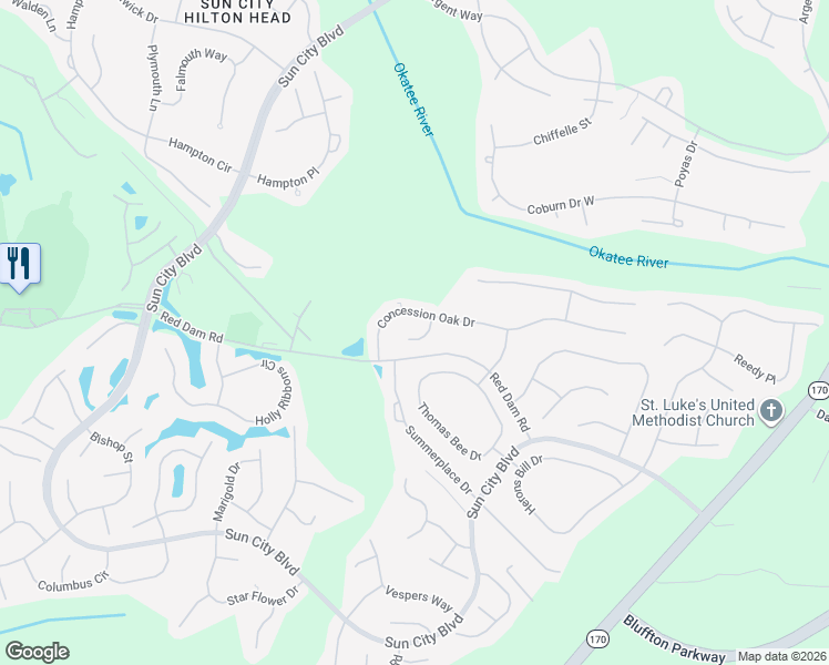 map of restaurants, bars, coffee shops, grocery stores, and more near 14 Saltus Court in Bluffton